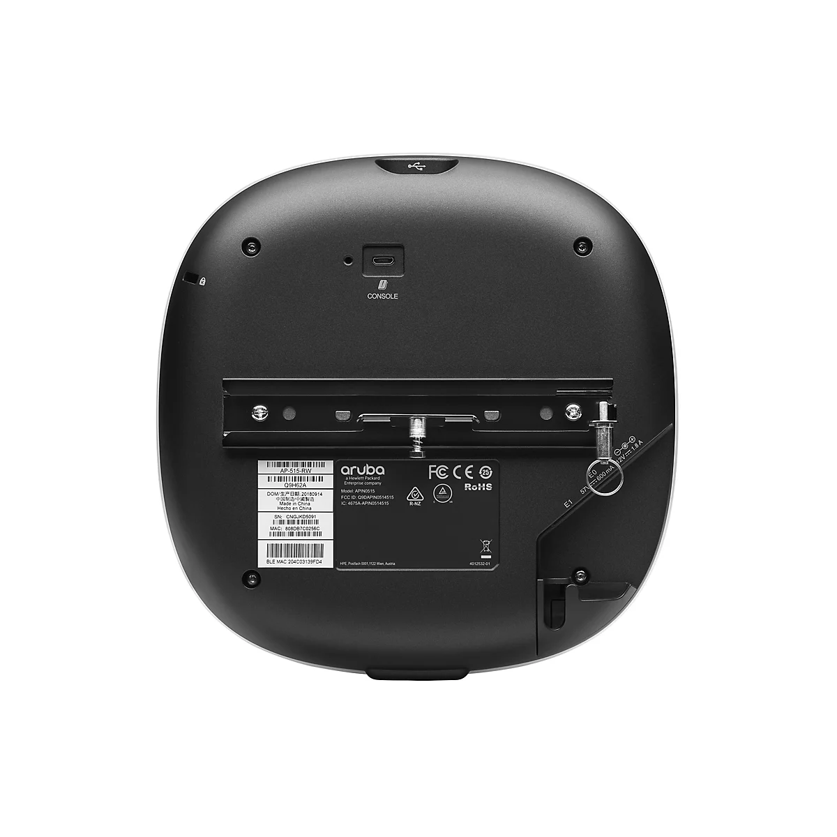 Nahaufnahme der Unterseite eines weißen und schwarzen WLAN-Access-Points mit Produktdetails und Anschlüssen.