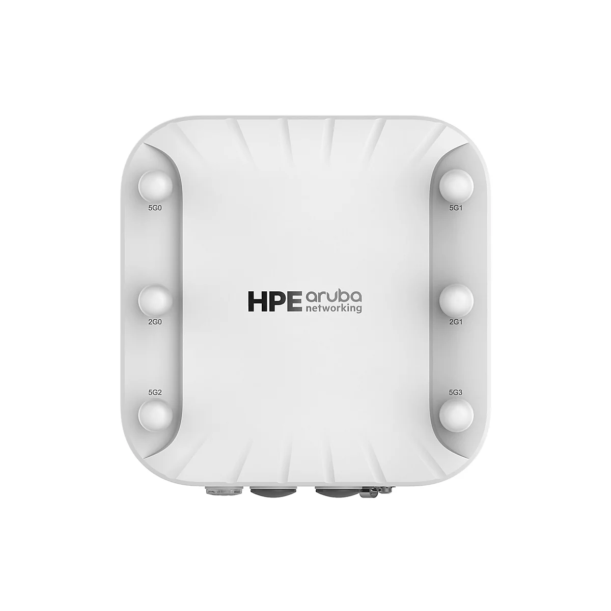Draufsicht auf einen weißen Aruba WLAN-Access-Point mit dem HPE-Logo. Runde Elemente mit Beschriftung 5G0, 5G1, 5G2, 5G3, 2G0, 2G1.