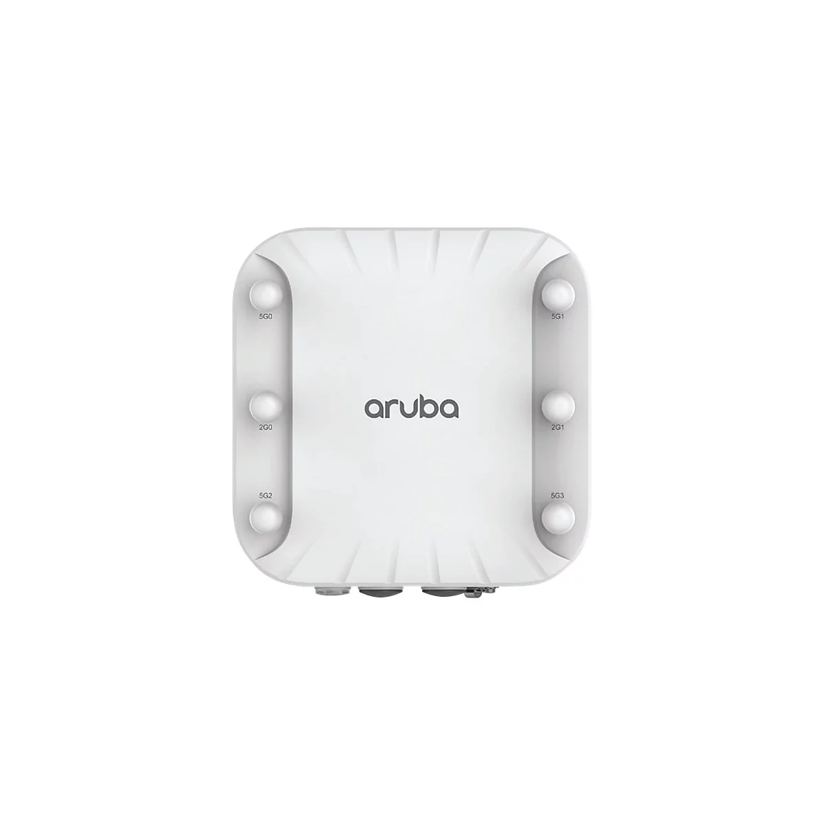 Draufsicht auf ein weißes WLAN-Gerät mit der Aufschrift „aruba“ und vier kreisförmigen Knöpfen.