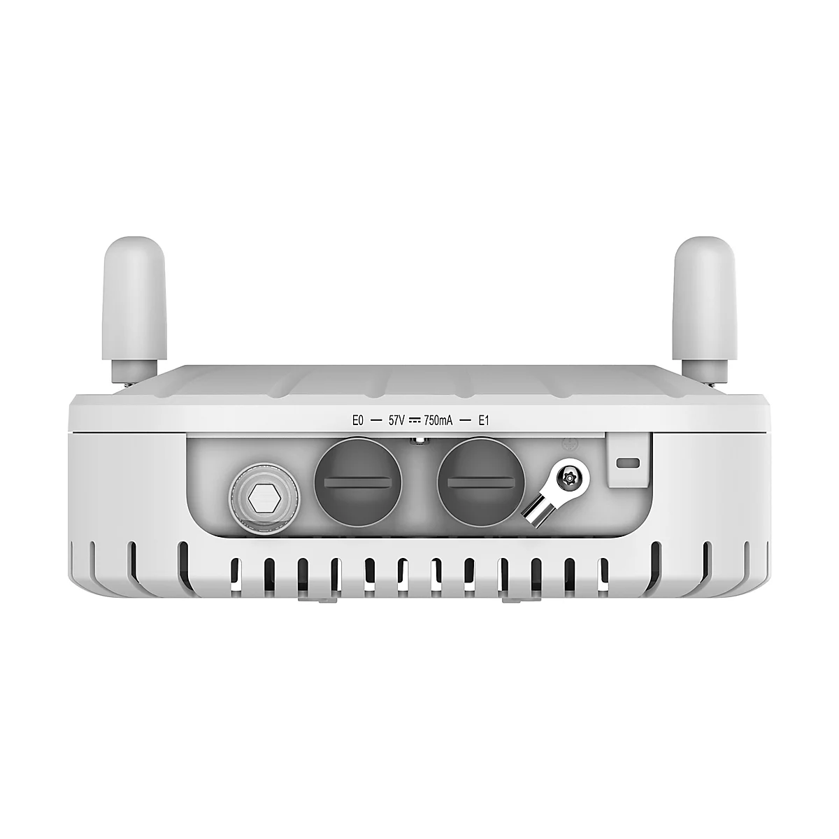 Nahaufnahme einer weißen WLAN-Antenne mit zwei Antennen. Auf der Rückseite befinden sich Anschlüsse und ein Aufkleber mit technischen Informationen.