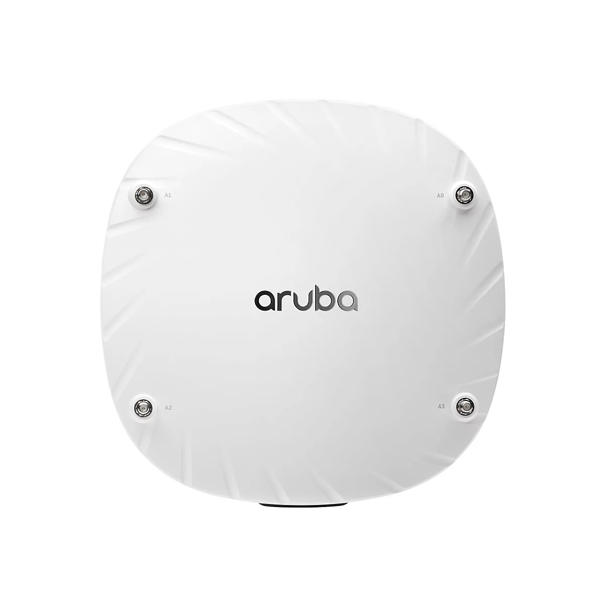 Draufsicht auf einen weißen Aruba-Access-Point. Oben mittig steht der Markenname. Oben und unten sind Anschlüsse mit den Bezeichnungen A0-A3.