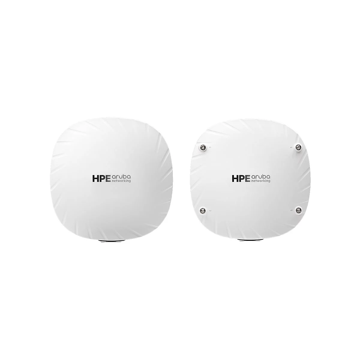 Zwei weiße HPE Aruba Networking Access Points. Auf der einen Oberfläche ist ein Logo, auf der anderen Anschlüsse und Schrauben.