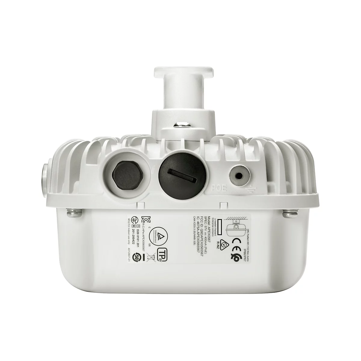 Drahtloses Zugangsgerät, weiß mit POE Anschluss, Anschlüssen und Kühlrippen. Details der Beschriftung sichtbar.