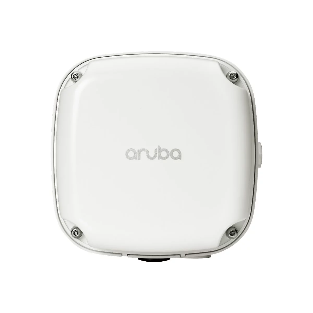 Draufsicht auf einen weißen Aruba WLAN-Access-Point. Oben mittig ist der Schriftzug 'aruba' eingeprägt.