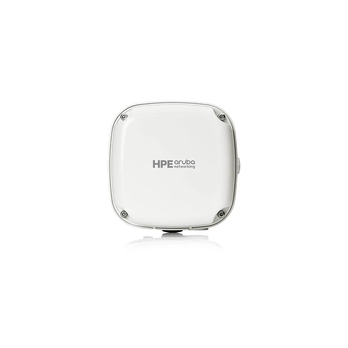 Draufsicht auf ein weißes HPE Aruba Netzwerkgerät. Auf der Oberfläche ist das Logo HPE Aruba networking abgebildet.