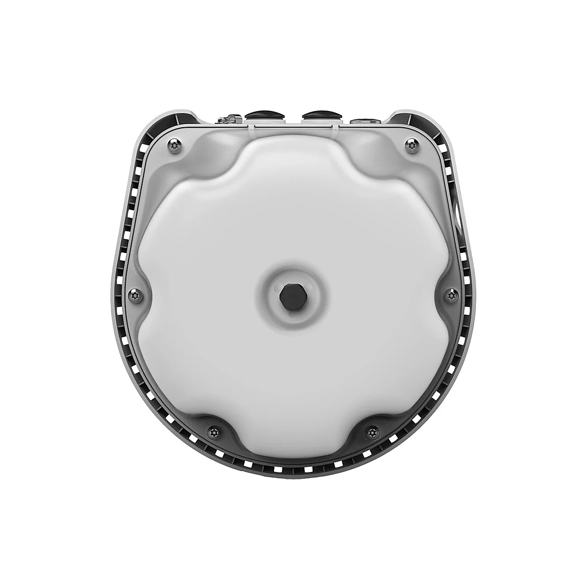 Draufsicht auf ein weißes Gerät mit schwarzem Rand und Schrauben.