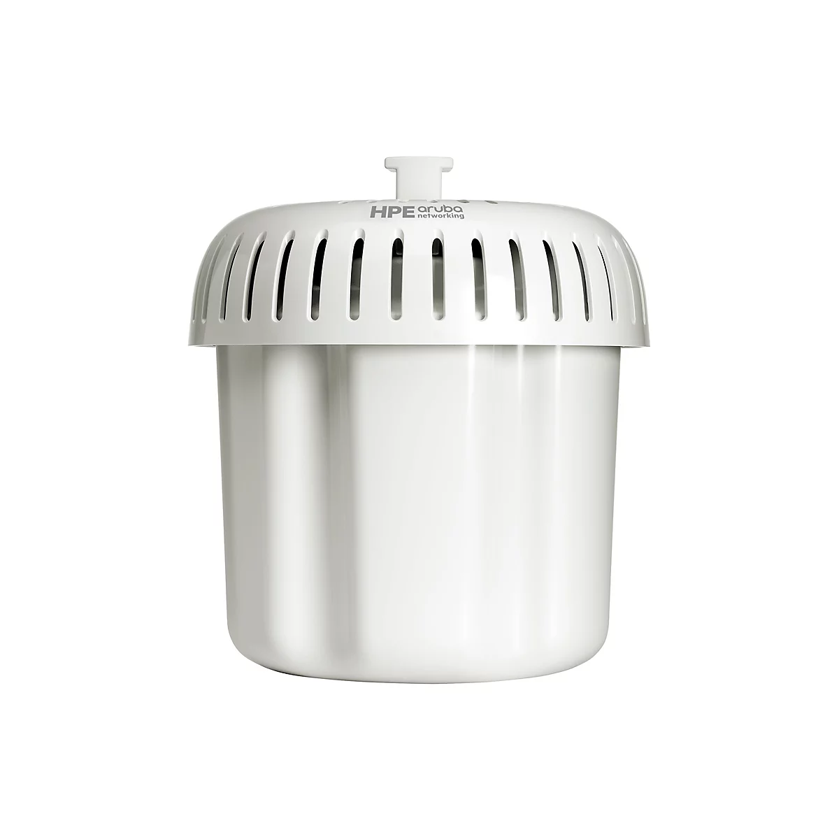 Ein weißes HPE Aruba Netzwerkgerät. Es hat eine abgerundete Oberseite mit Schlitzen und einen zylindrischen Unterteil.
