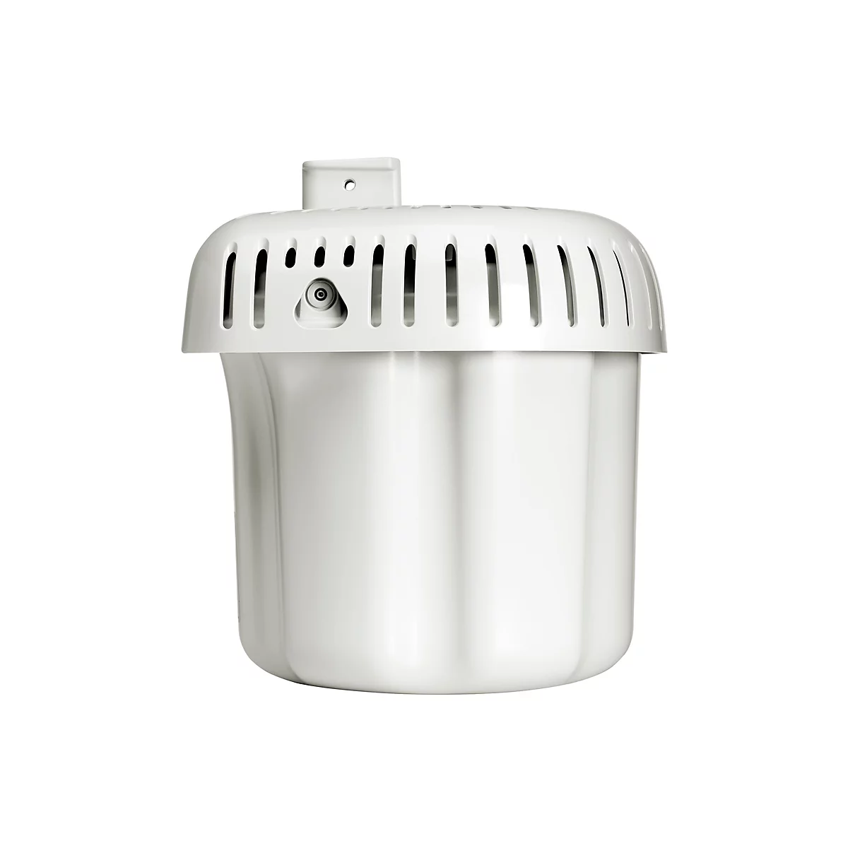 Weißer Wasserfilter mit Lüftungsschlitzen. Oben ein Griff. Der Hintergrund ist weiß.