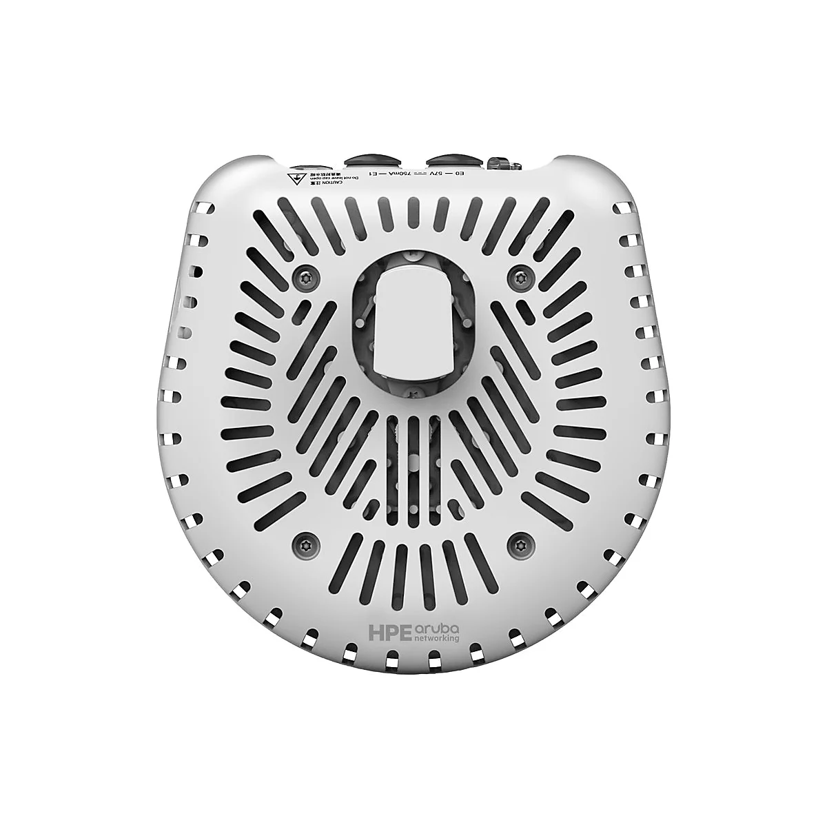 Hellgraues, rundliches Gerät mit Lüftungsschlitzen und Schrauben. Darunter steht "HPE Aruba networking".