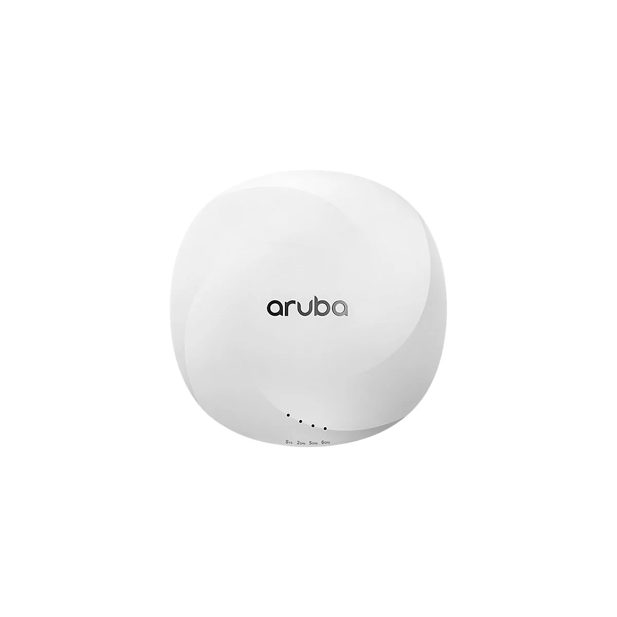 Weißer, runder Access Point mit dem Logo 'aruba' und kleinen Kontrollleuchten.