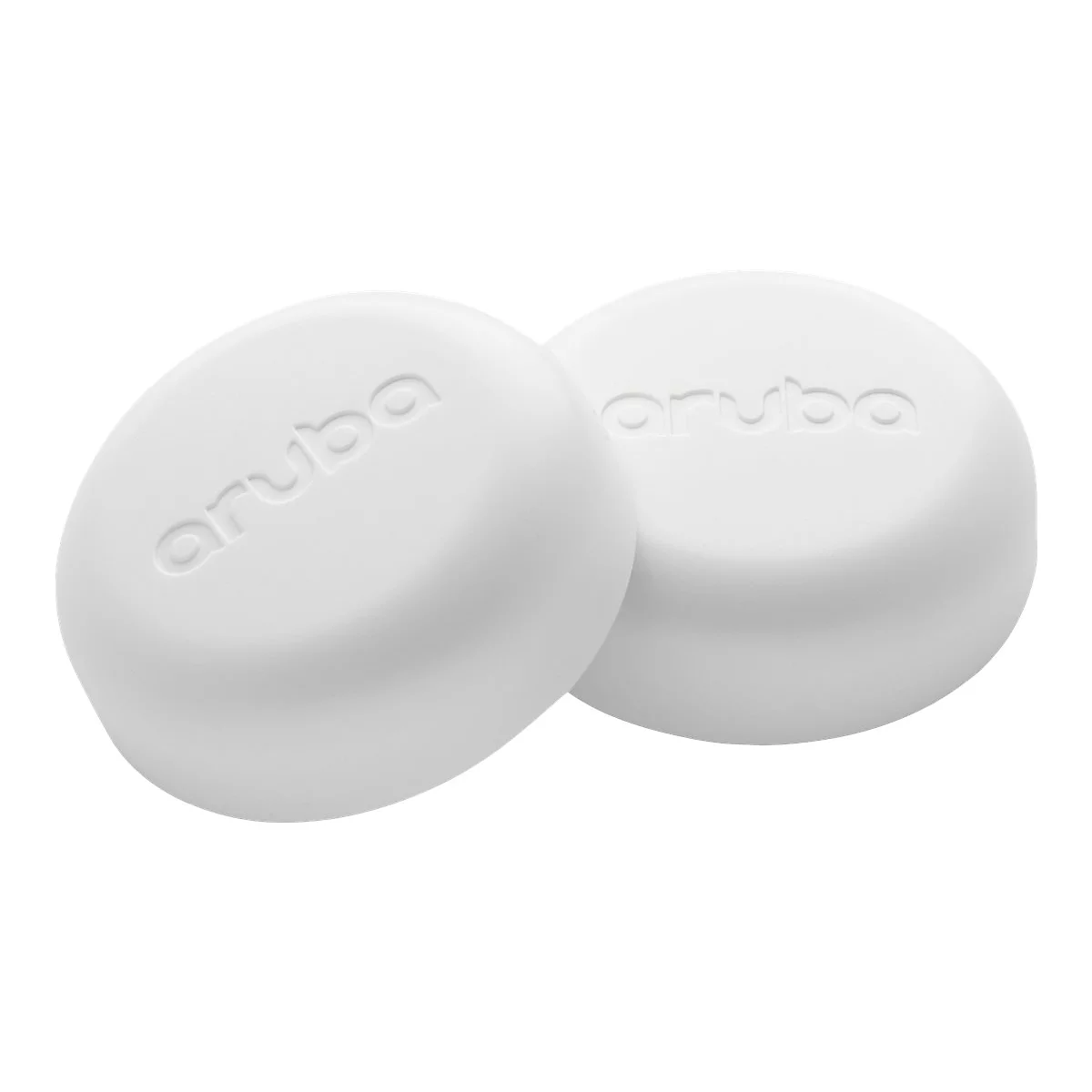 Zwei weiße, ovale Objekte mit dem eingeprägten Schriftzug „aruba“.