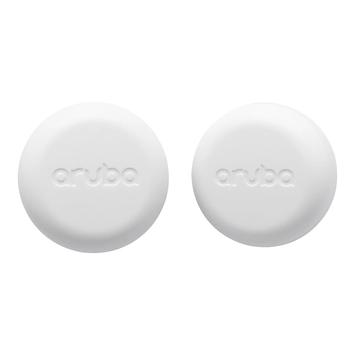 Zwei weiße, runde Geräte mit geprägtem "aruba"-Schriftzug auf weißem Hintergrund.