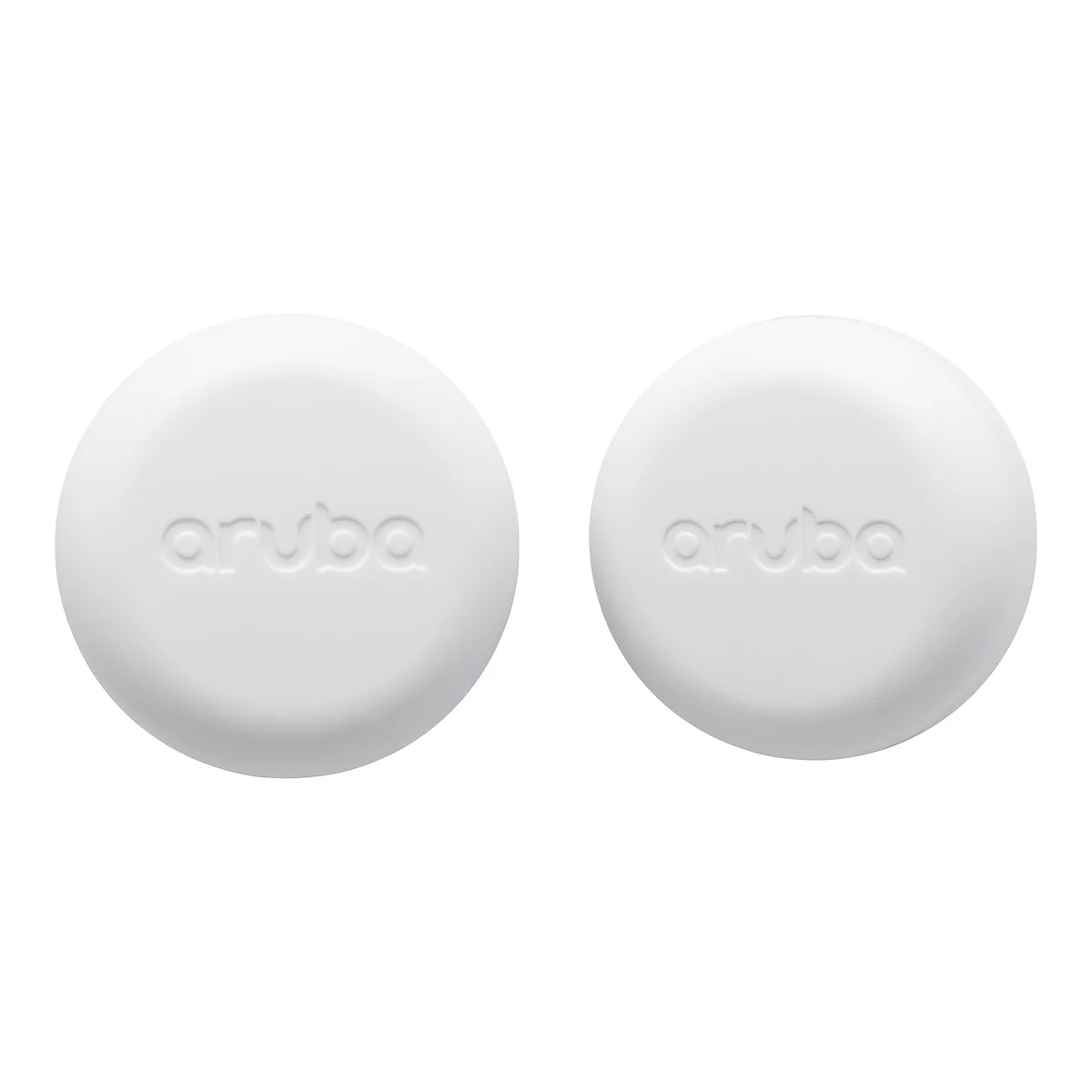 Zwei weiße, runde Geräte mit dem eingeprägten Schriftzug „aruba“ vor weißem Hintergrund.