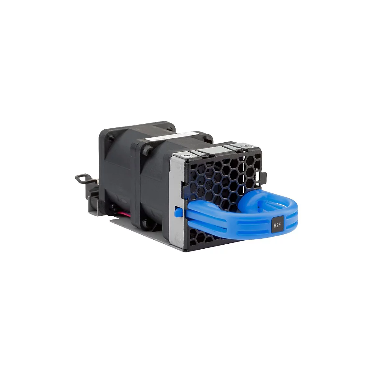 Ein schwarzer Lüfter mit sechseckigem Gitter und blauem Griff. Auf dem Griff steht 'B2F'.