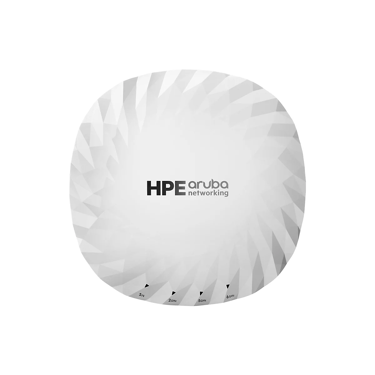 Rundes, weißes Aruba-Netzwerkgerät mit dem HPE-Logo und Frequenzmarkierungen.