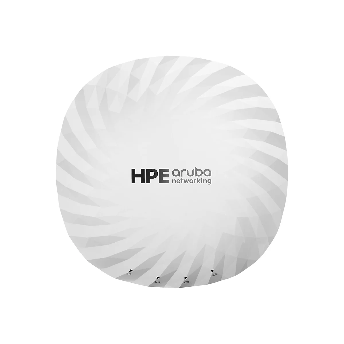 Rundes, weißes Aruba-Netzwerk-Gerät. Oben steht HPE Aruba, darunter 'networking'. Darunter sind Frequenzangaben.