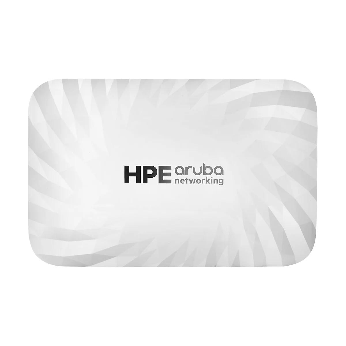 Rechteckiges, weißes Gerät mit abgerundeten Ecken und dreieckigem Muster. Mittig: HPE aruba networking.