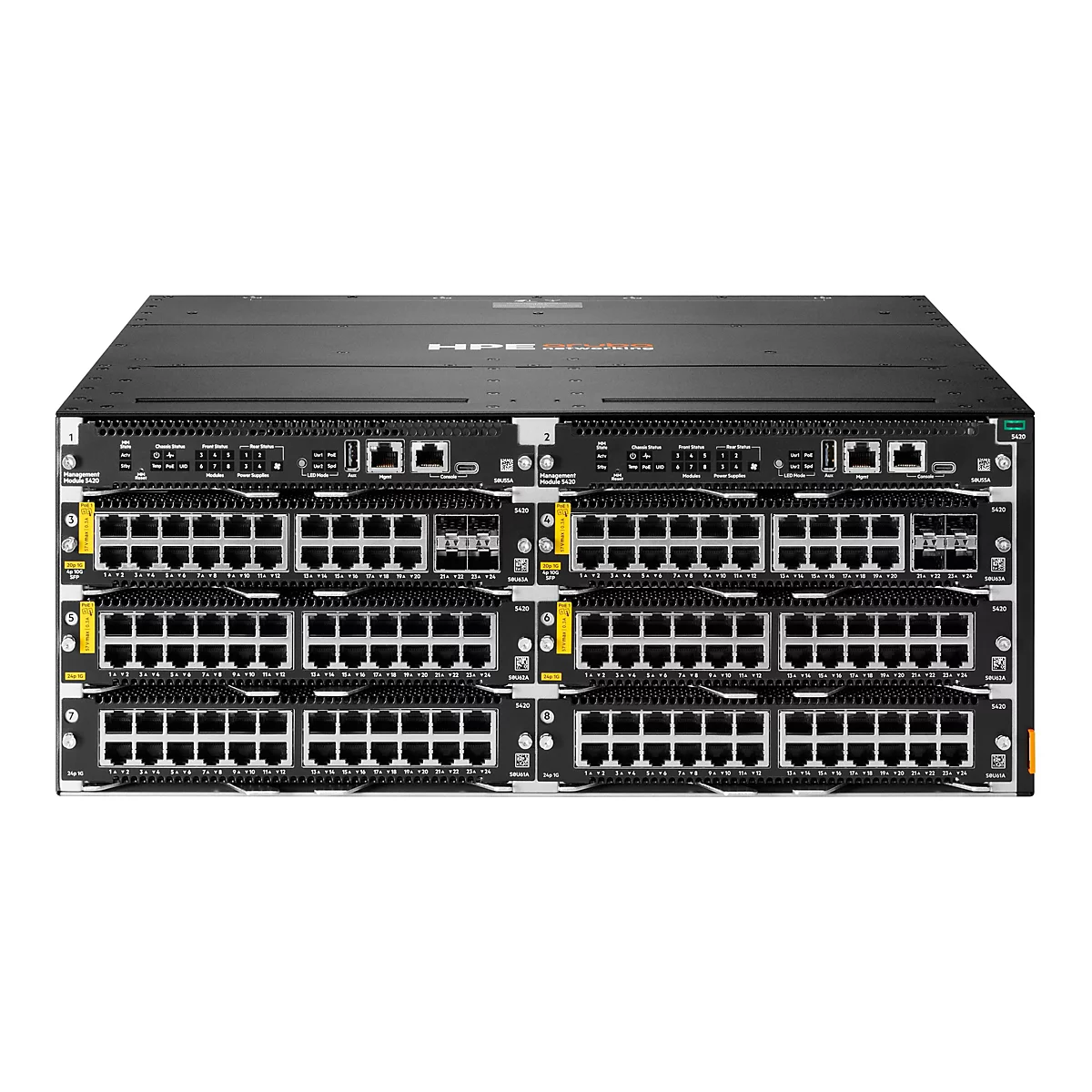 Schwarzer Netzwerk-Switch von HPE, mit zahlreichen Ports und Anschlüssen. Auf der Vorderseite sind zwei Management-Module sichtbar, jeweils mit Anzeigen und Anschlüssen. Die vielen Ports sind in Reihen angeordnet und mit Beschriftungen versehen.