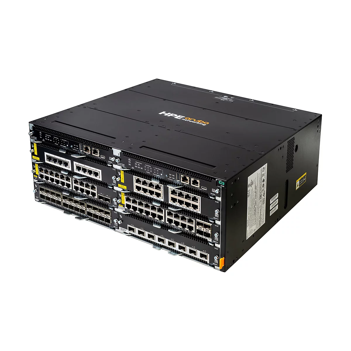 Schwarzer Netzwerk-Switch von HPE Aruba mit mehreren Ports und der Bezeichnung 'HPE Aruba networking'.