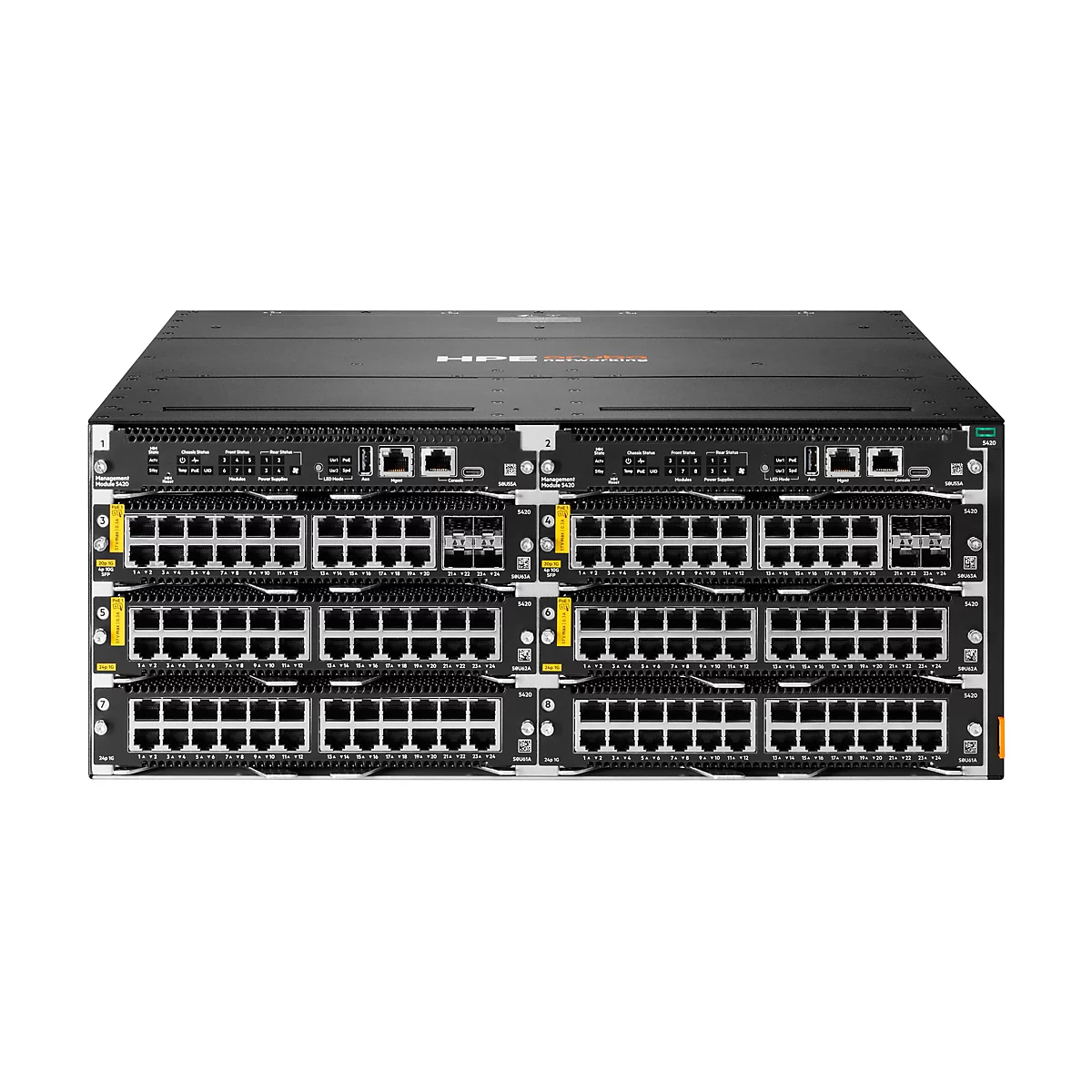 Schwarzer Netzwerk-Switch mit Ports und Anschlüssen. Oben steht das HPE-Logo. Auf dem Gerät befinden sich auch Textbeschriftungen, wie z.B. „Management Module 5420“