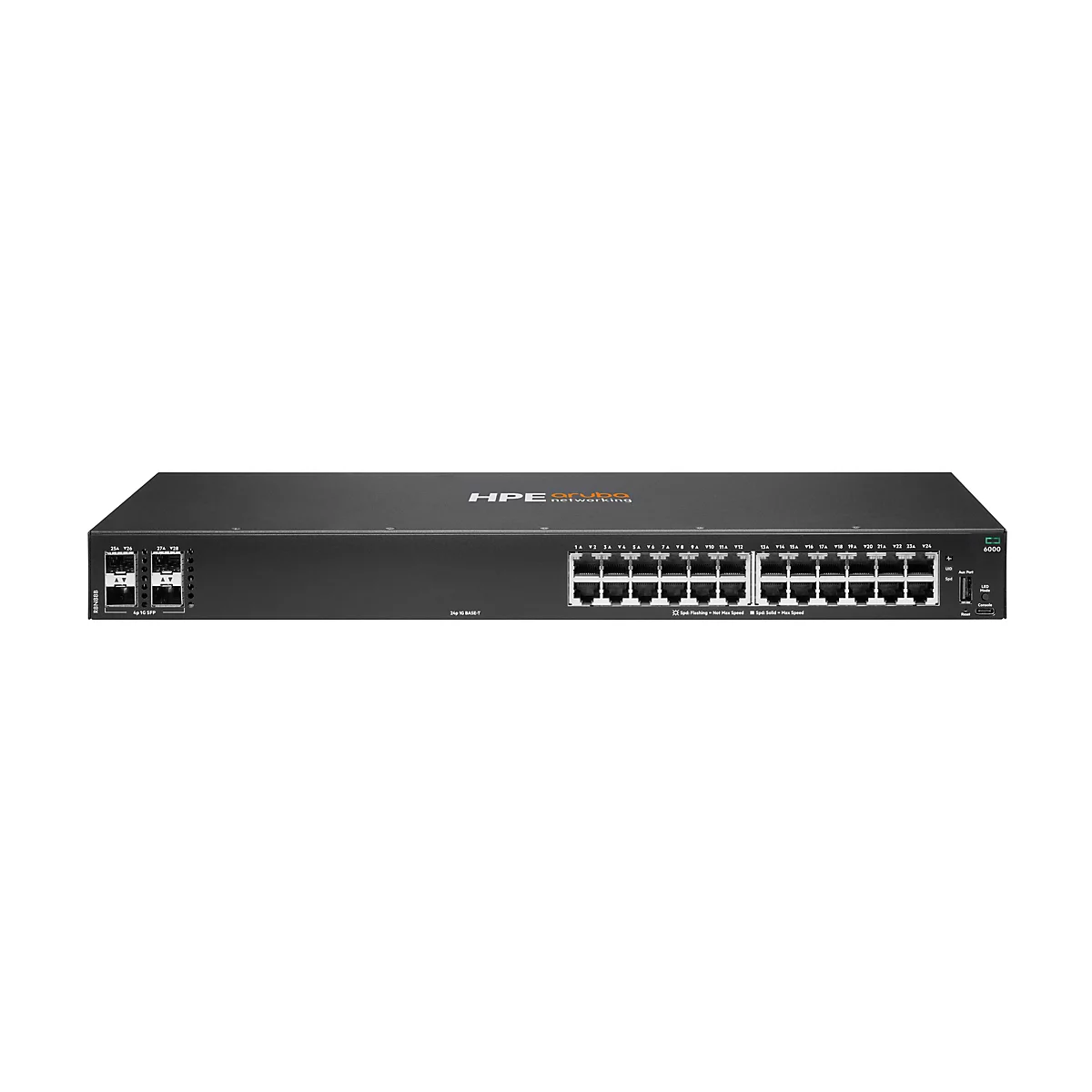 Ein schwarzer Netzwerk-Switch mit Ports und Anschlüssen. Logos von HPE Aruba Networking sind deutlich zu erkennen. Eine Modellbezeichnung ist ebenfalls sichtbar.