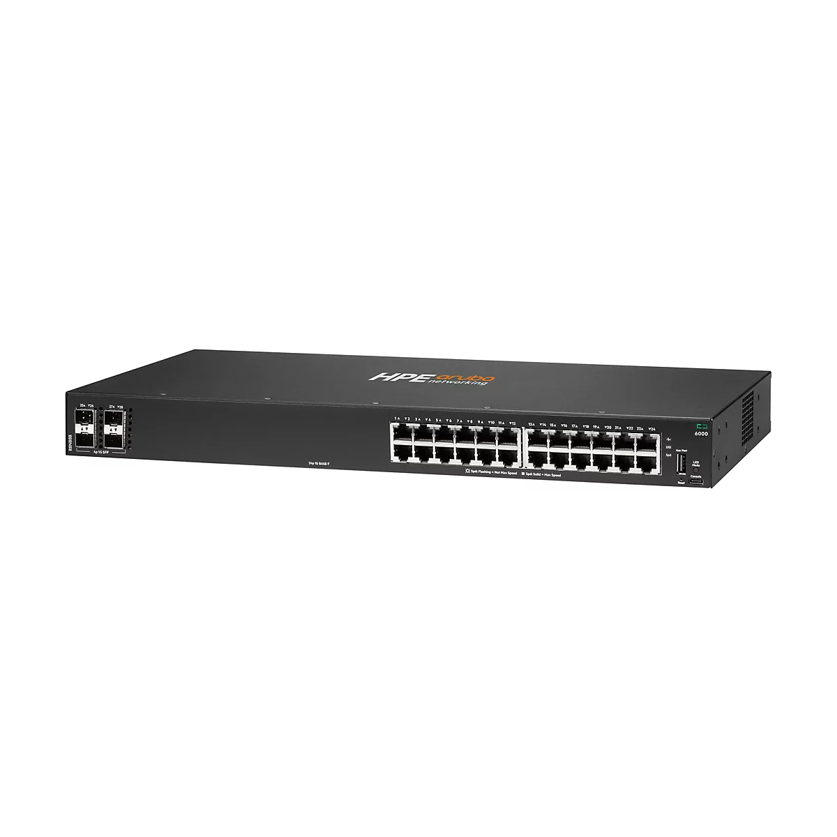 Schwarzer Netzwerk-Switch von HPE Aruba. Geräteanschlüsse und Beschriftung sind zu sehen.