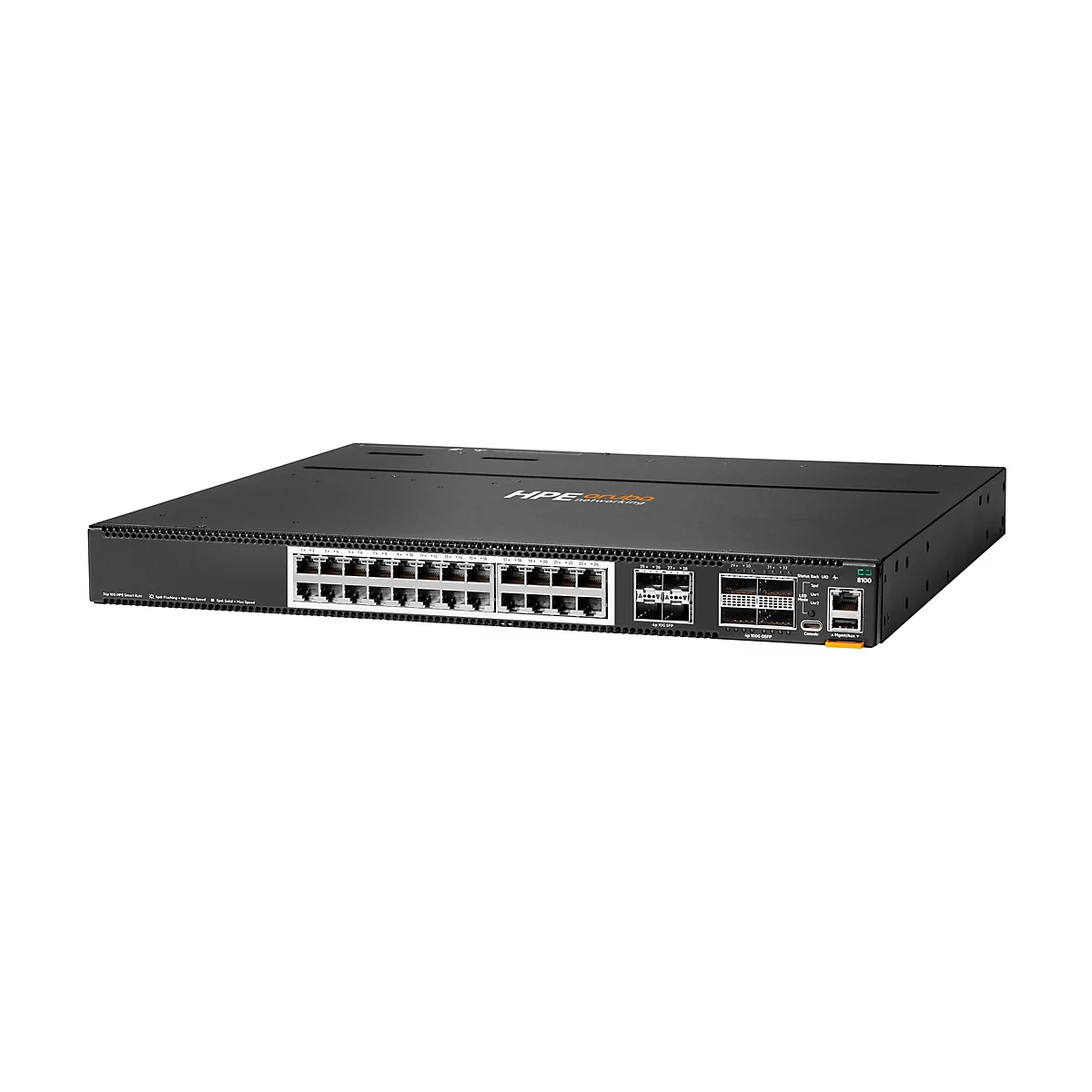 HPE Aruba 8100 Netzwerk-Switch in schwarzem Metallgehäuse mit zahlreichen Port-Anschlüssen vor weißem Hintergrund.