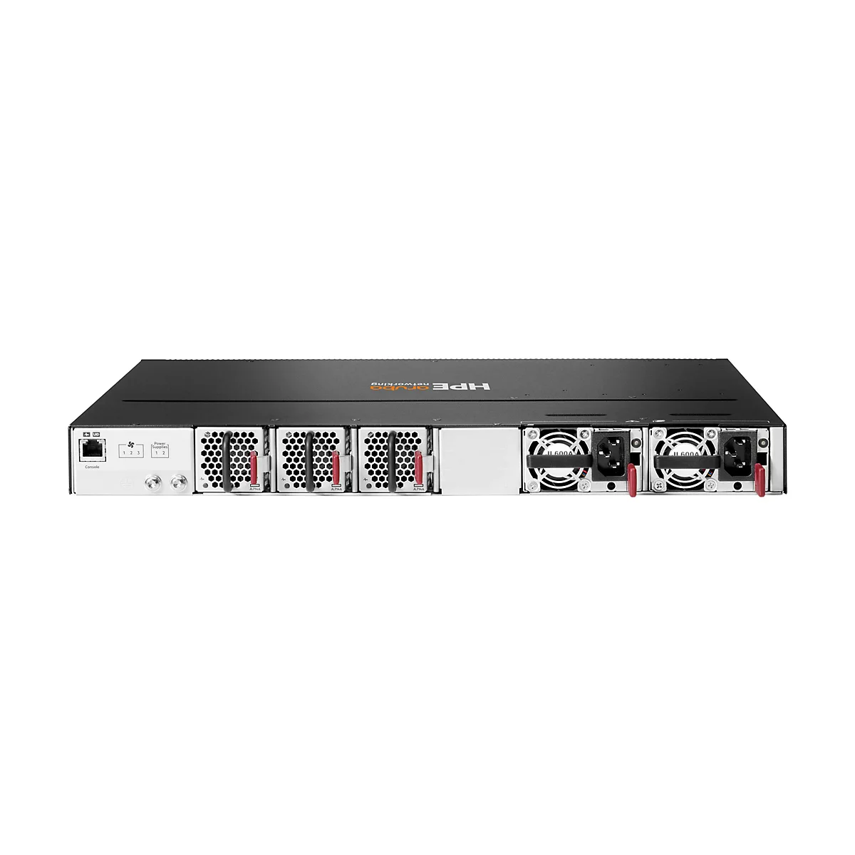 Rückansicht eines schwarzen HPE Aruba Netzwerk-Switches mit Lüftermodulen und Stromanschlüssen.