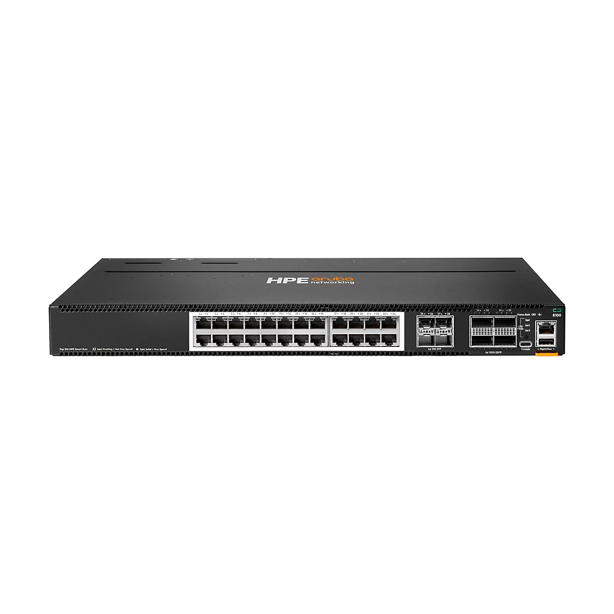 Schwarzer HPE Aruba Networking Switch 8100 mit zahlreichen Netzwerkanschlüssen auf weissem Hintergrund.