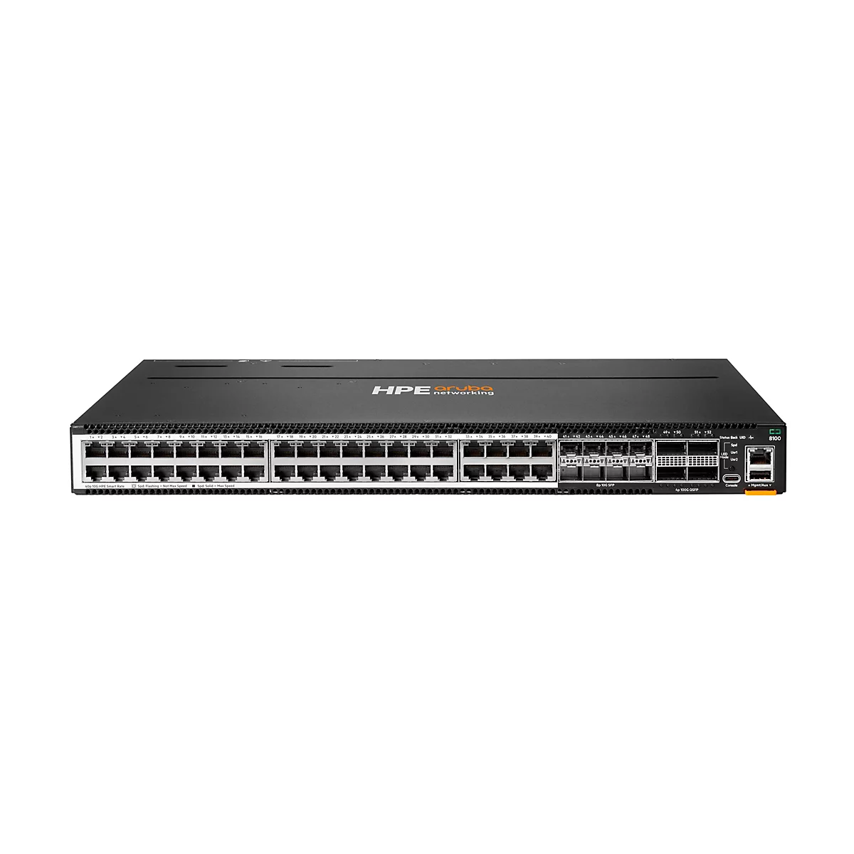HPE Aruba 8100 Netzwerkschalter in Schwarz mit zahlreichen Anschlüssen vor weißem Hintergrund.