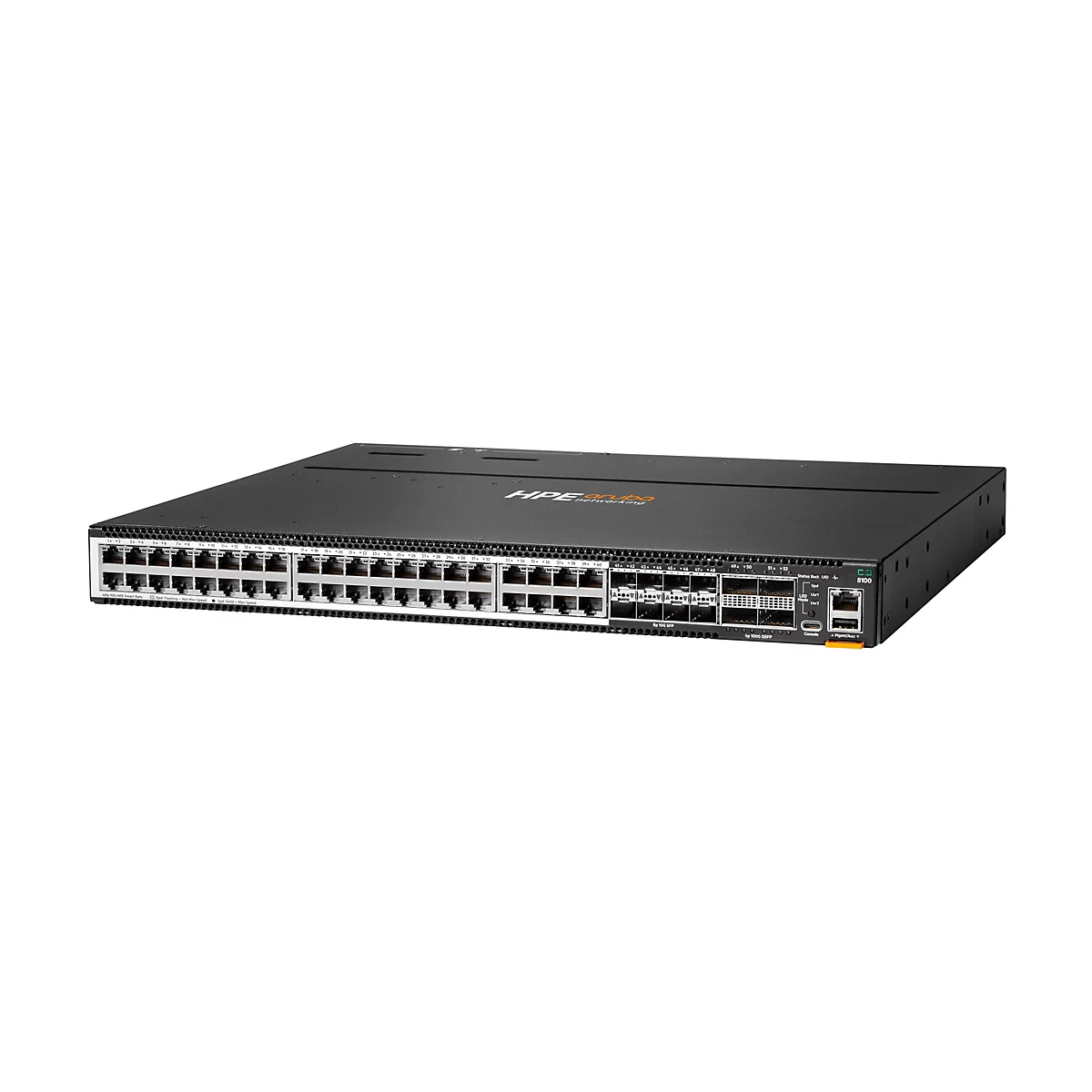 HPE Aruba Networking 8100 Switch mit zahlreichen Anschlüssen vor weißem Hintergrund.