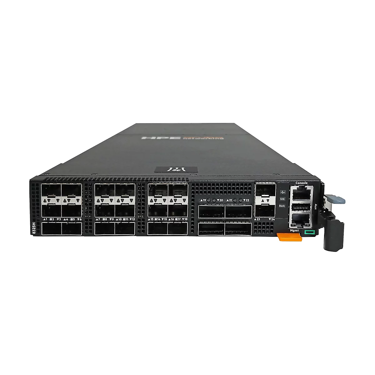 Schwarzer HPE Networking Switch 8325H mit zahlreichen Anschlüssen auf der Vorderseite.