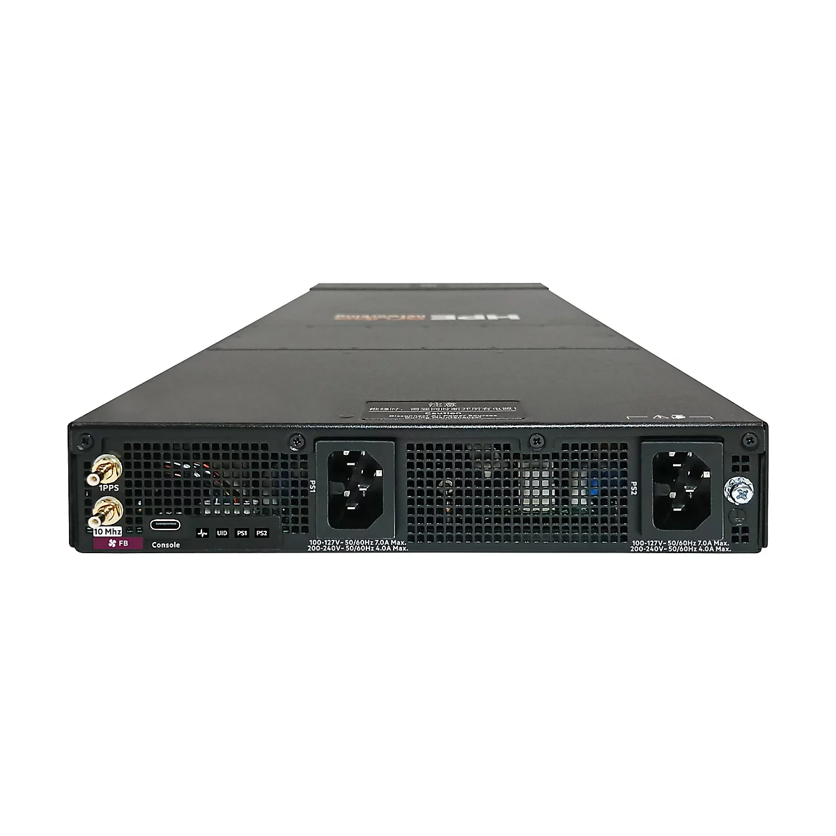 Rückseite eines schwarzen HPE-Servers mit zwei Stromanschlüssen, Lüftungsgittern und verschiedenen Ports wie 1PPS, 10 MHz und USB-C.