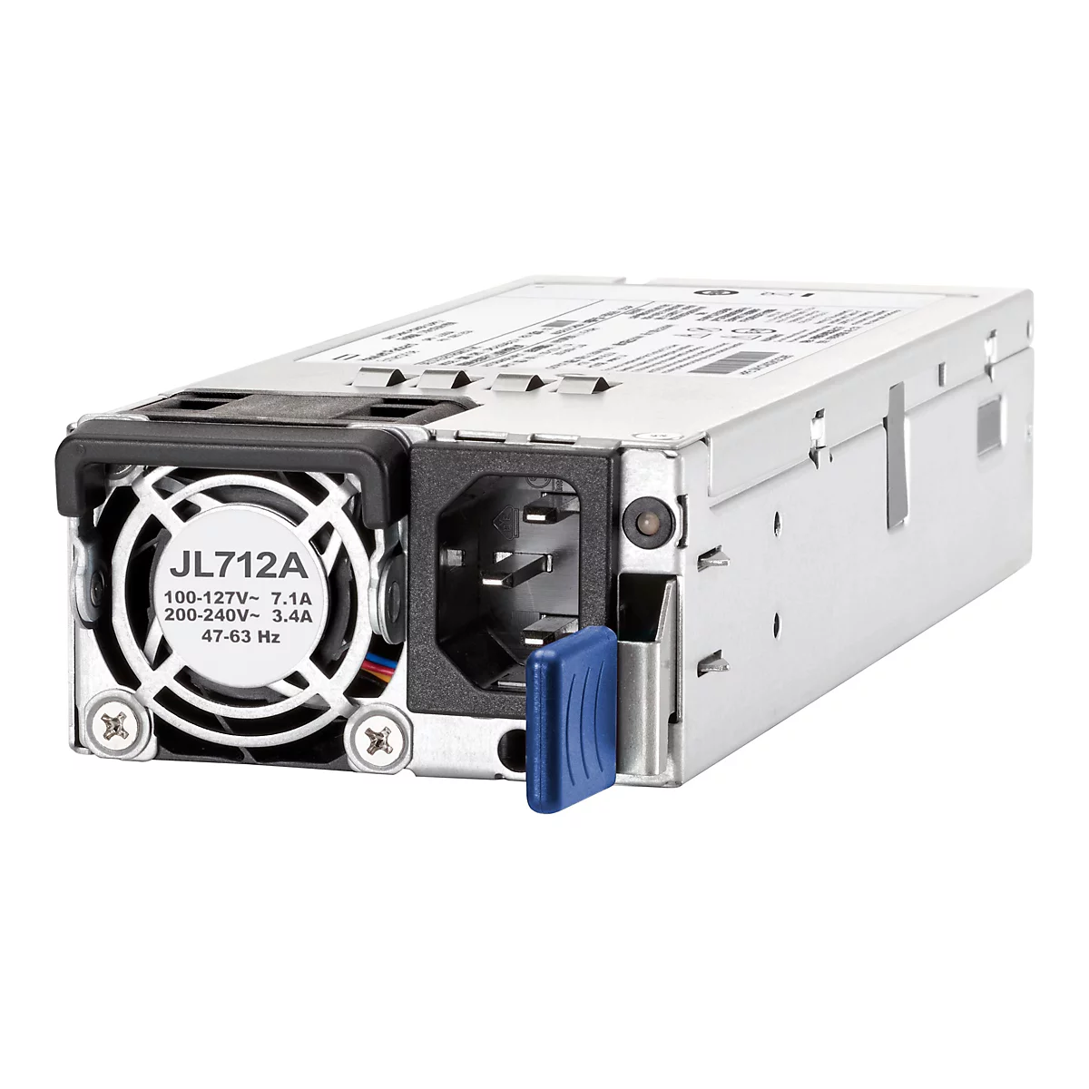 Ein silberfarbenes Netzteil mit Lüfter und Stecker. Auf dem Lüfter steht: JL712A, 100-127V~7.1A, 200-240V~3.4A, 47-63 Hz. Der Stecker ist durch eine blaue Kappe geschützt.