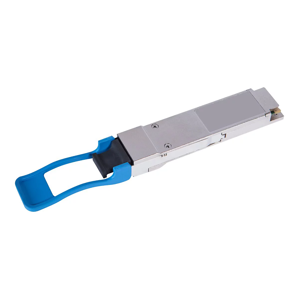 Silberfarbenes elektronisches Gerät mit blauem Griff, isoliert auf weißem Hintergrund.