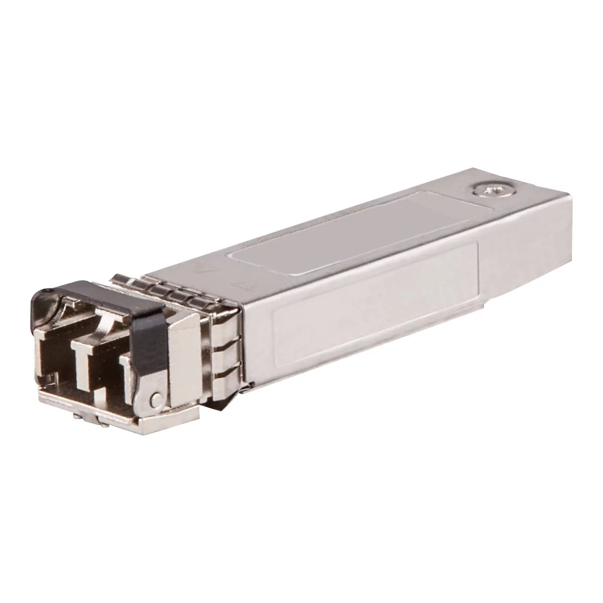 Ein silberner SFP-Transceiver-Modul mit Metallgehäuse vor weißem Hintergrund.
