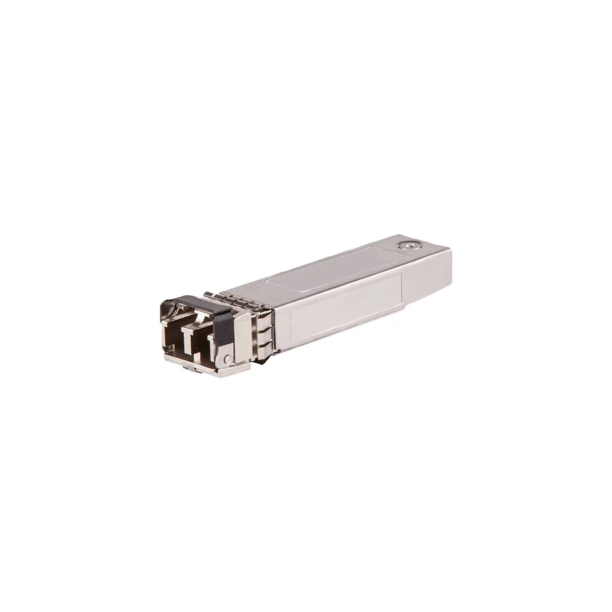 Ein silberner SFP-Transceiver. Vorderseite mit schwarzem Kunststoff und Metall. Gehäuse rechteckig.
