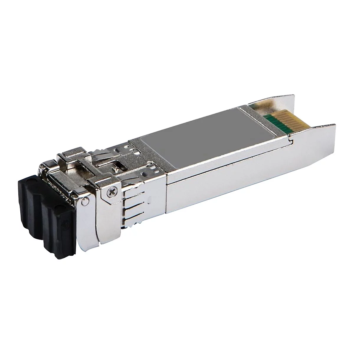 Metallfarbener SFP-Transceiver. Silbernes Gehäuse mit schwarzem Stecker, grüne Platine sichtbar.