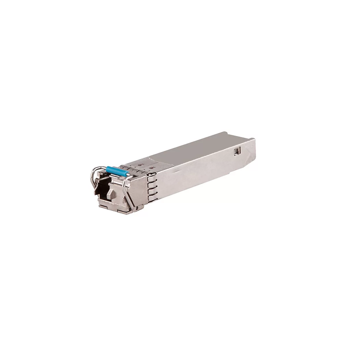 Ein silberner SFP-Transceiver. Mit blauem Hebel.