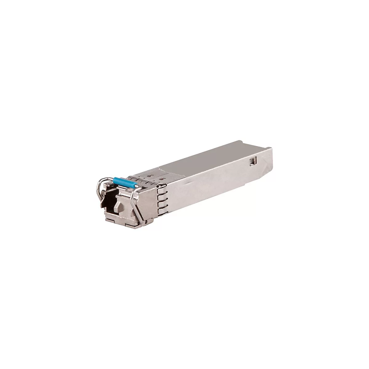 Metallfarbenes SFP-Modul, rechteckig, mit blauem Hebel.