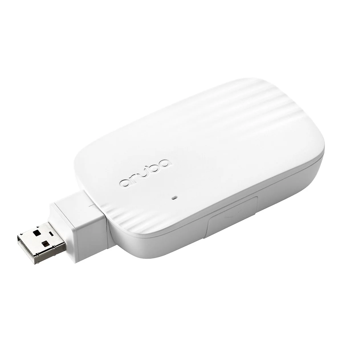 Weißer Aruba USB-Adapter mit strukturiertem Gehäuse vor weißem Hintergrund.