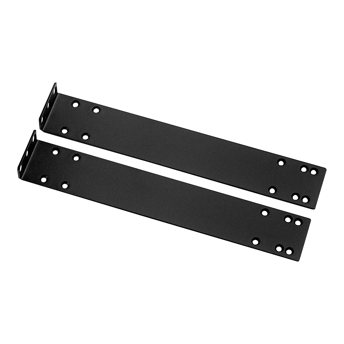 Zwei schwarze Winkel mit Löchern, auf weißem Hintergrund.