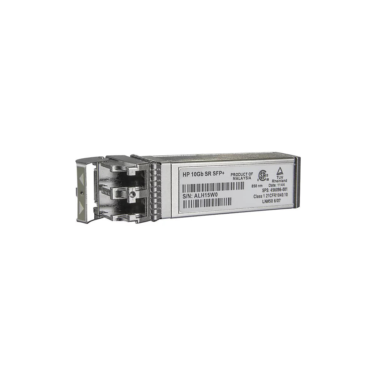 Module HP 10Gb SR SFP+ argentée avec inscriptions et code-barres.