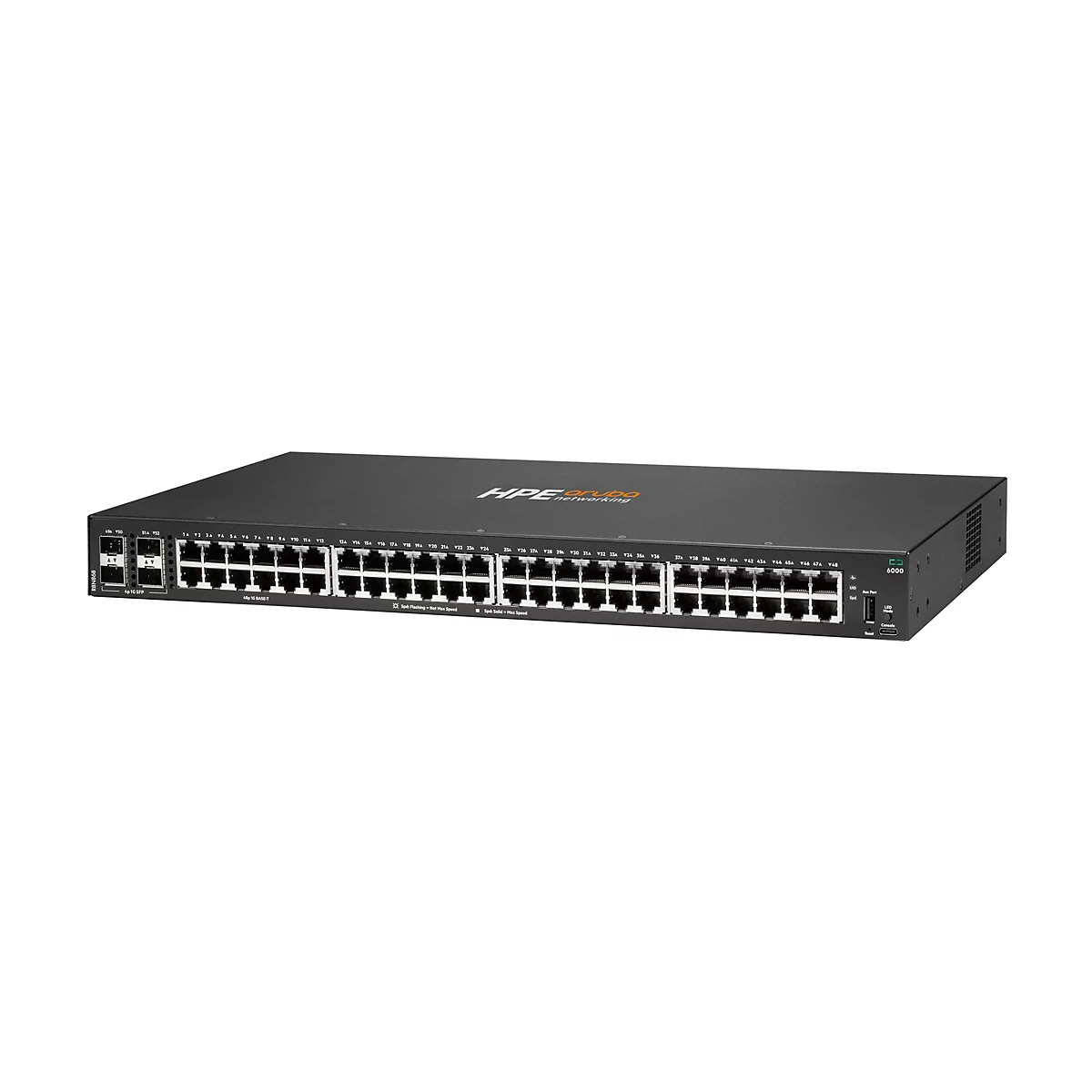 Un commutateur réseau HPE Aruba noir avec de nombreuses connexions de ports et le texte "HPE Aruba networking".