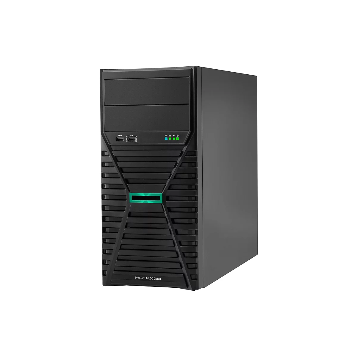 Tour de serveur noir avec des accents verts et l'inscription "ProLiant ML30 Gen11."