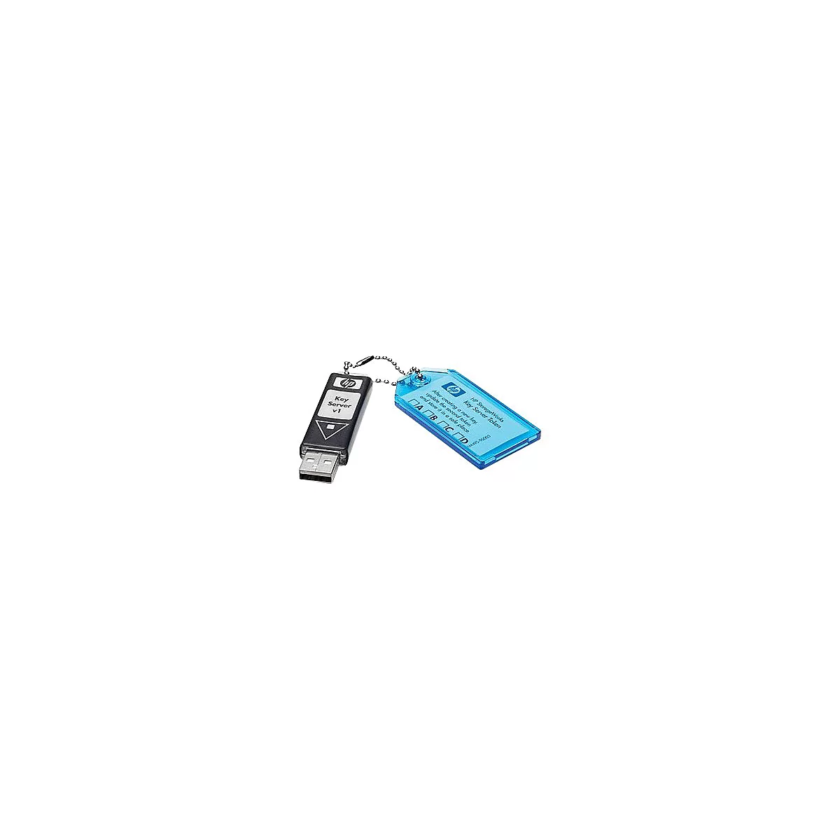 Ein schwarzer USB-Stick mit 'Key Server v1' und ein blauer Schlüsselanhänger mit 'HP StorageWorks Key Server Token'.