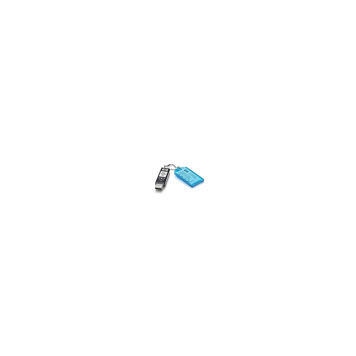 Ein schwarzer USB-Stick mit der Aufschrift 'Key Server v3' und ein blaues, transparentes Anhänger-Tag.