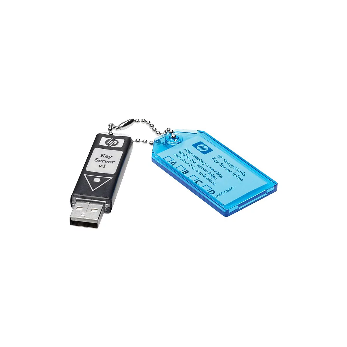 Ein schwarzer USB-Stick mit HP-Logo und einem blauen Token, die mit einer Kette verbunden sind. Auf dem Token steht 'Key Server Token'.