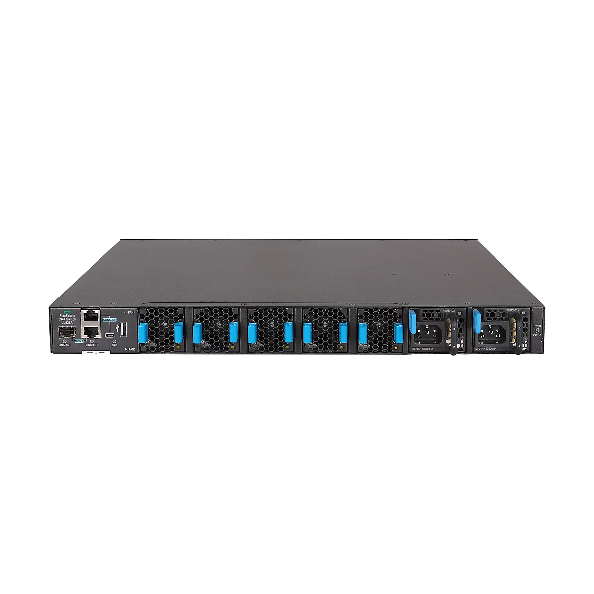 Ein schwarzer Netzwerk Switch mit blauen Lüftern und Anschlüssen. Der Switch ist mit der Aufschrift „FlexFabric 5944 Switch JL836A“ versehen.