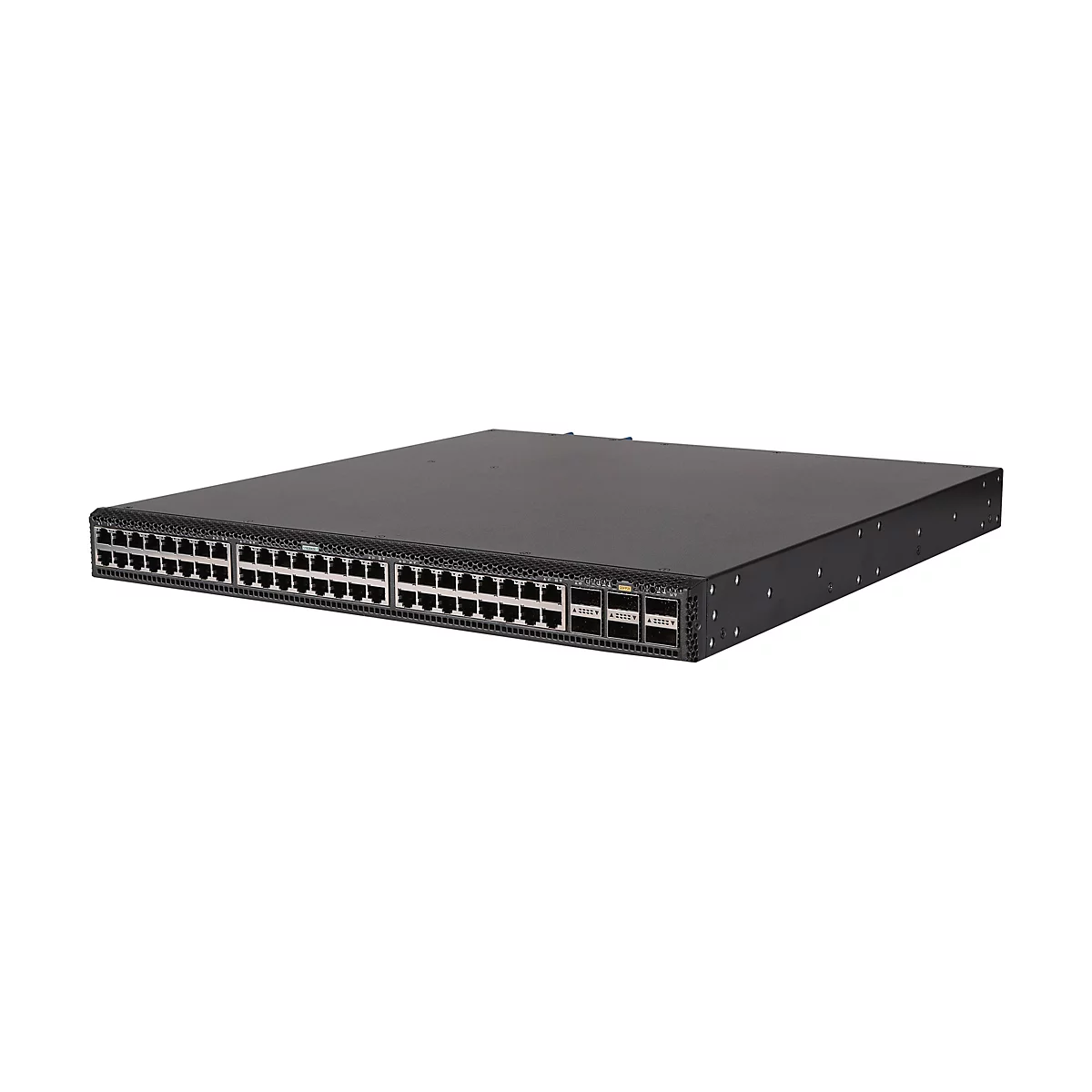 Ein schwarzer Netzwerk-Switch, der auf einer weißen Oberfläche liegt. Zahlreiche Anschlüsse sind auf der Vorderseite zu sehen.